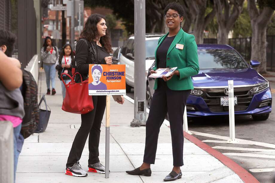 Christine Johnson (right), candidate for D6, canvassing with her campaign coordinator Miriam Zouzounis (left) at Bessie Elementary school on Wednesday, Oct. 3, 2018, in San Francisco, Calif. Photo: Liz Hafalia / The Chronicle