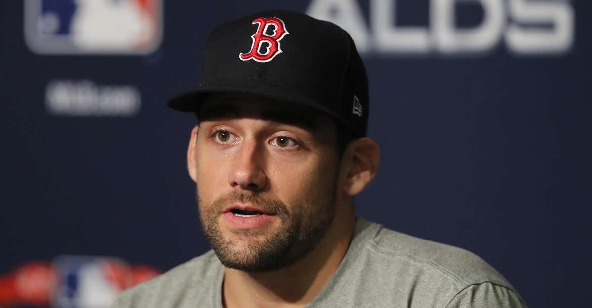 Boston Red Sox starting pitcher Nathan Eovaldi answers questions during a news conference, Sunday, Oct. 7, 2018, in New York. Eovaldi is scheduled to start Game 3 against the New York Yankees. (AP Photo/Julie Jacobson)