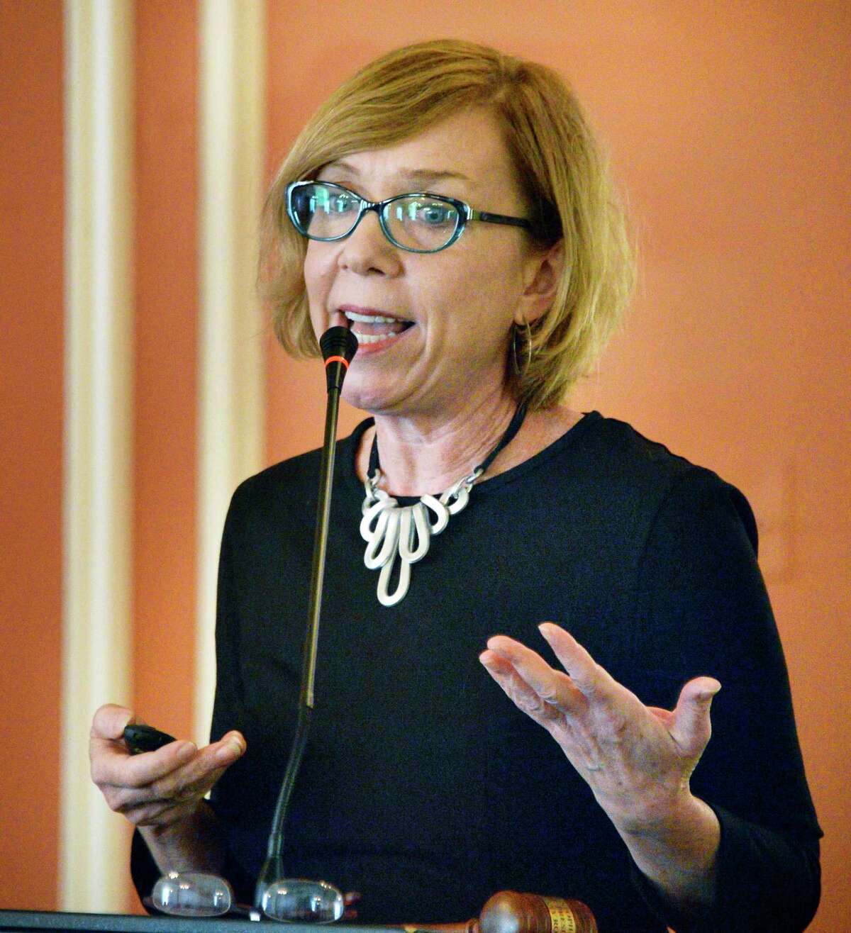 Maureen Sager, executive director of the Upstate Alliance for the Creative Economy, speaks during a roundtable discussion on the creative economy in upstate at the University Club Wednesday Oct. 10, 2018 in Albany, NY. (John Carl D'Annibale/Times Union)