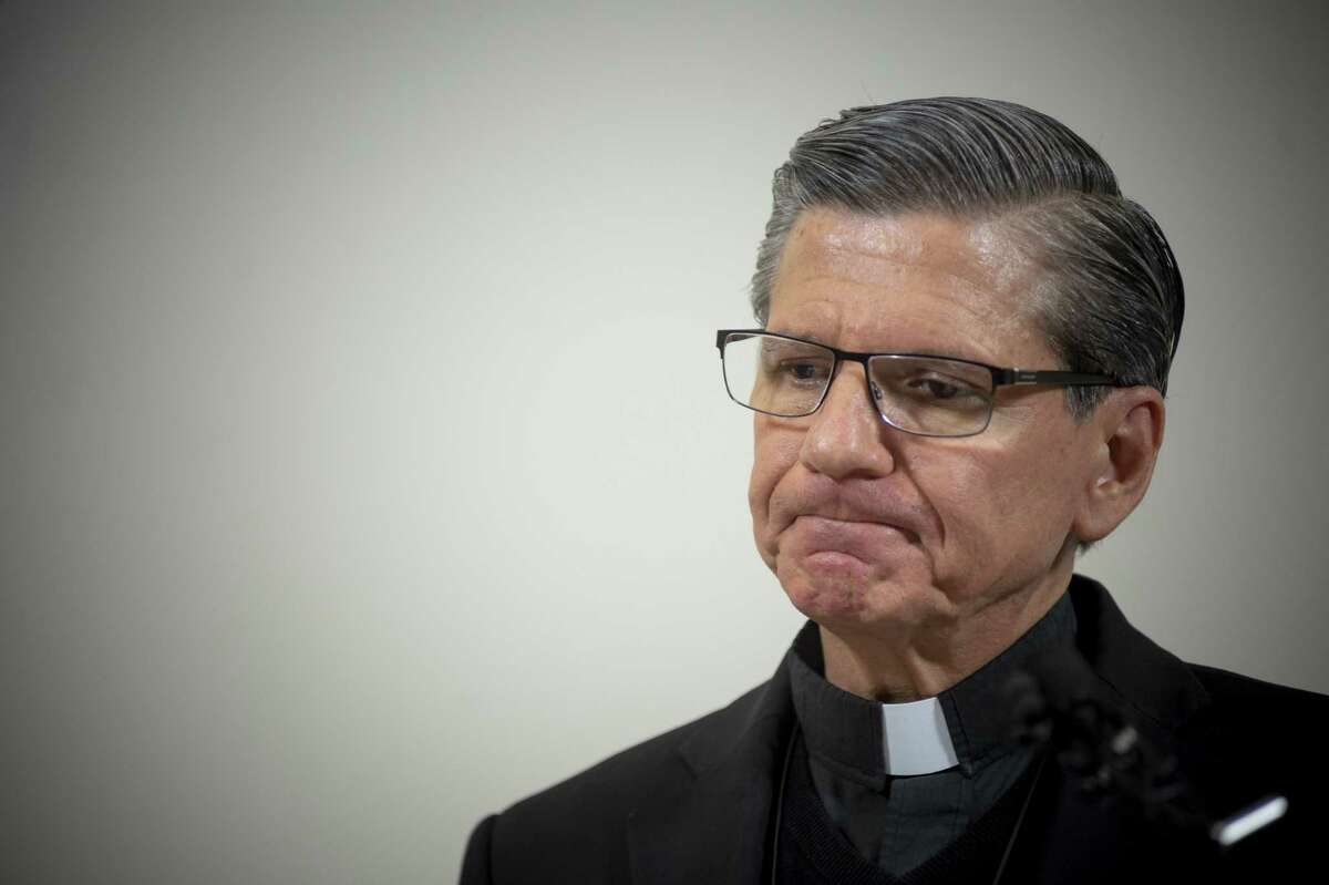 Archbishop Gustavo Garc?’a-Siller hold back tears as he announces a new initiative to release all the names of priests "credibly accused" of sexual abuse of minors during a press conference in San Antonio on Wednesday, October 10, 2018.