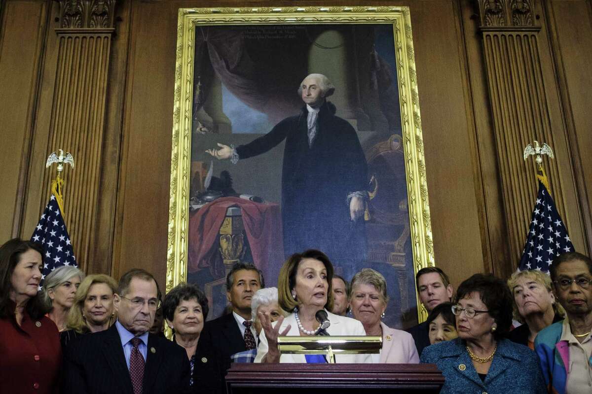 House Minority Leader Nancy Pelosi and Democratic lawmakers hold a news conference in support of Christine Blasey Ford, on Capitol Hill in Washington, Sept. 26, 2018. A day before the Senate Judiciary Committee was to hear from both Brett Kavanaugh and Ford, a new accuser stepped forward with perhaps the most explosive charges yet. (Pete Marovich/The New York Times)