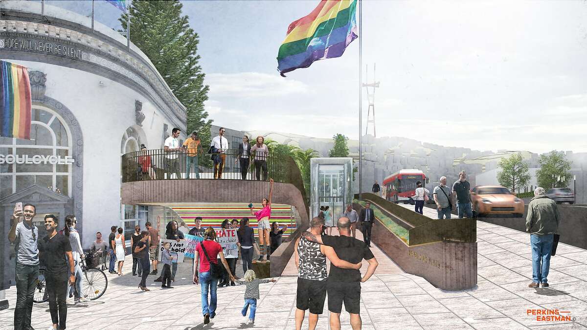 A rendering of the proposed design for Harvey Milk Plaza, which now serves primarily as the entrance to the Muni subway station at Castro and Market streets. The proposal is the result of a design competition organized by a neighborhood property-owners group, and would need to be reviewed and approved by city agencies.