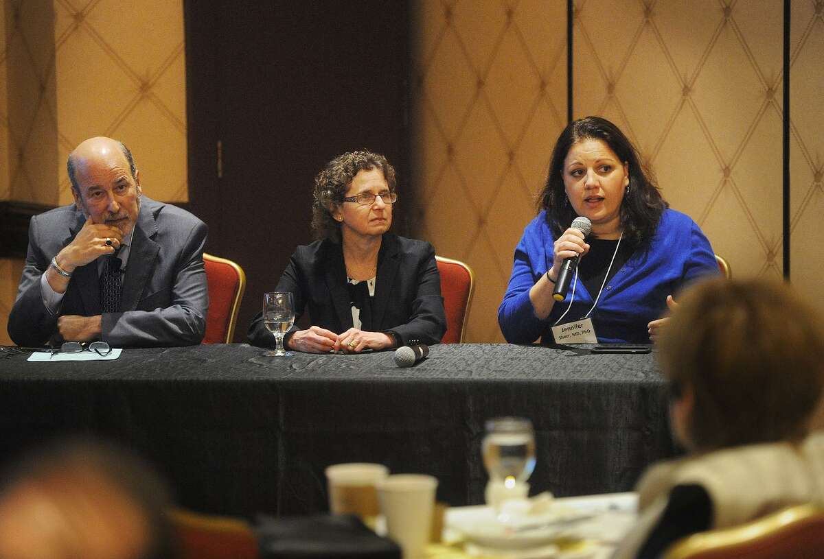 Pediatrics panelists from left; Norman Spack, MD, Laurie Cohen, MD, and Jennifer Sherr, MD, field questions at Bridgeport Hospital's 41st annual Maxwell Bogin, MD, Lectures in Pediatrics at the Trumbull Marriott in Trumbull, Conn. on Wednesday, October 10, 2018.