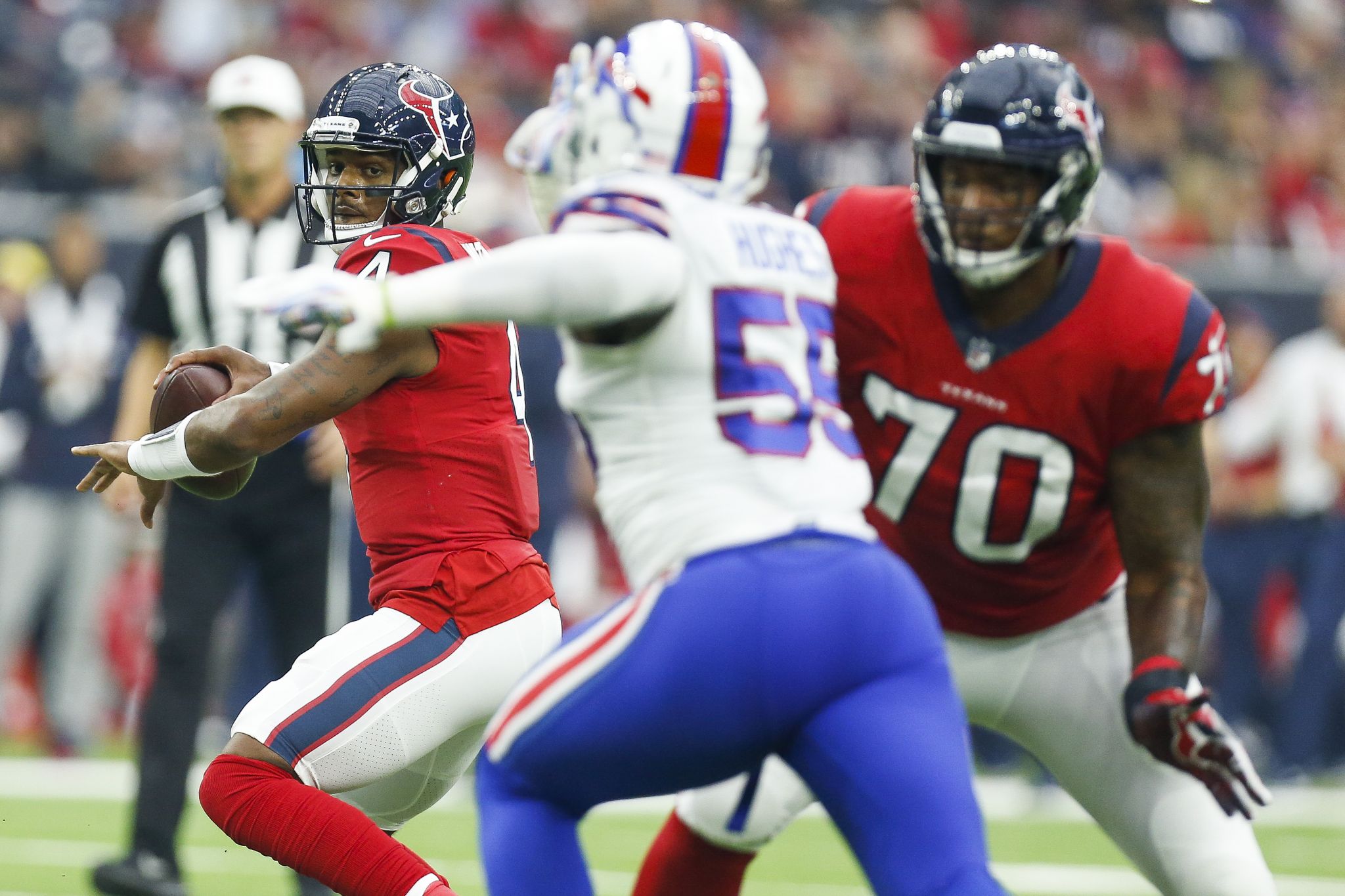 October 14, 2018: Buffalo Bills defensive tackle Kyle Williams (95)  celebrates his sack during the 1st quarter of a NFL football game between  the Houston Texans and the Buffalo Bills at NRG