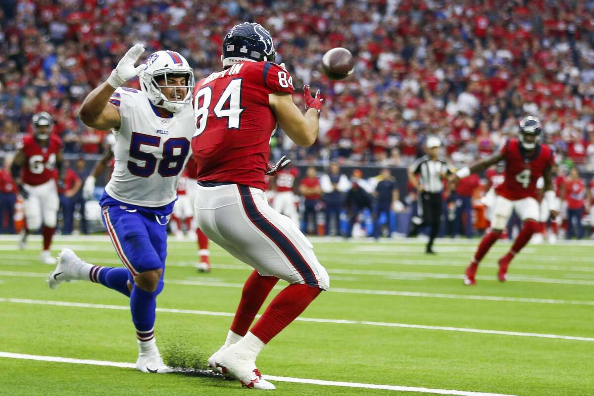 Buffalo Bills linebacker Matt Milano (58) breaks up an end zone pass to Houston Texans tight end Ryan Griffin (84) during the fourth quarter as the Houston Texans take on the Buffalo Bills at NRG Stadium Sunday Oct. 14, 2018 in Houston.