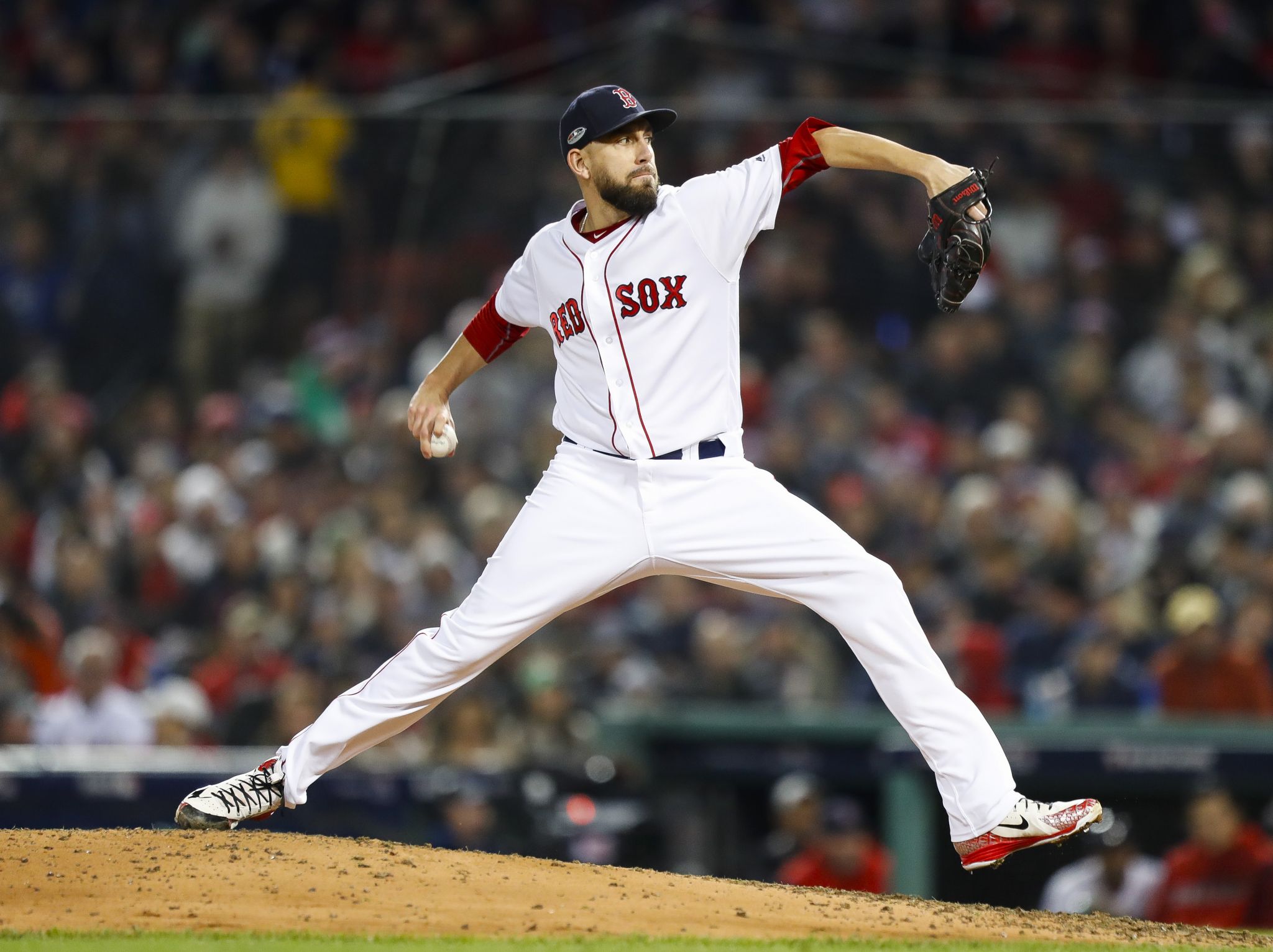 Pine tar is shown on the back of the jersey of Boston Red Sox