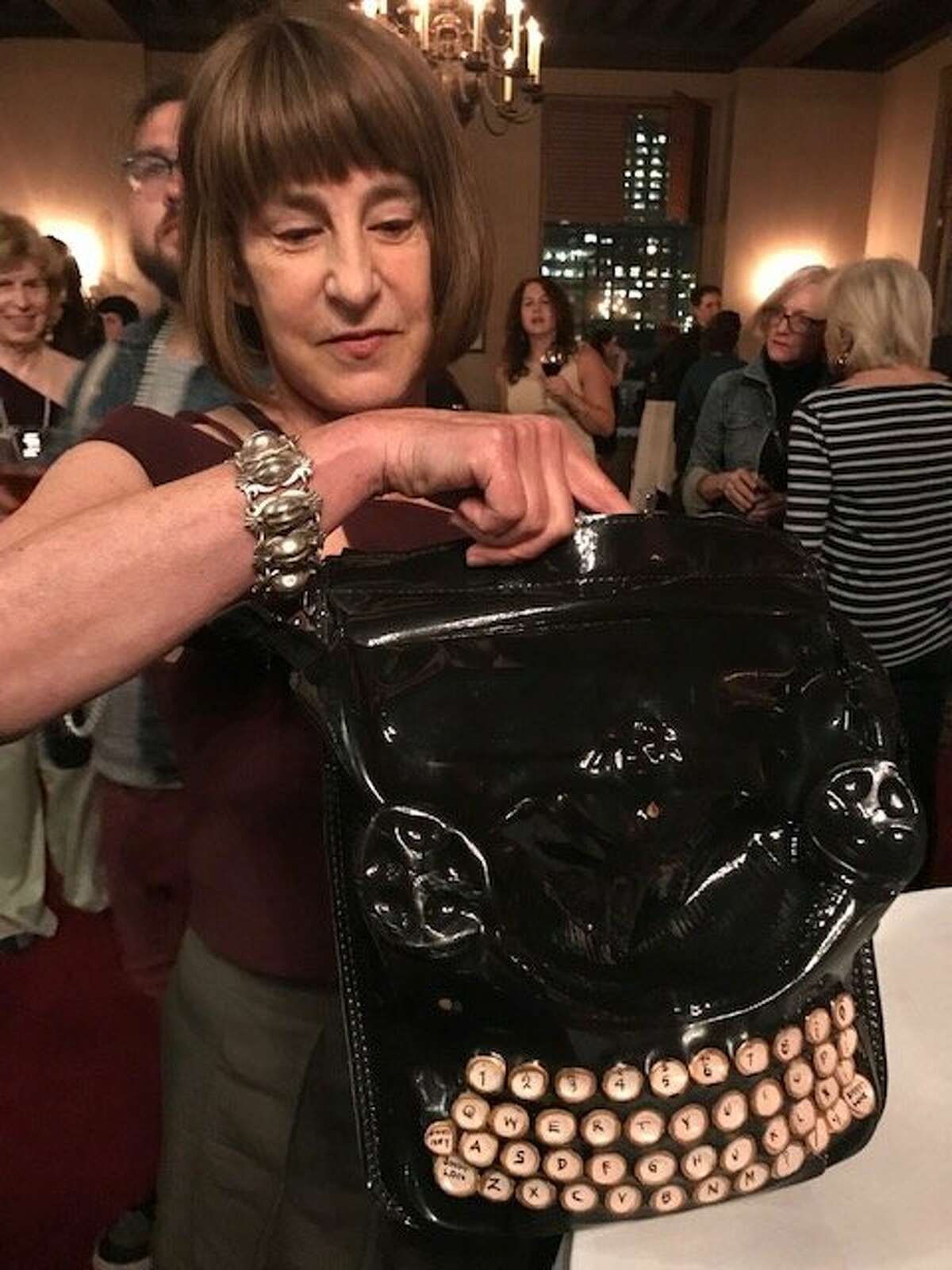 Alexandra Szerlip with typewriter purse, at Litquake opening party