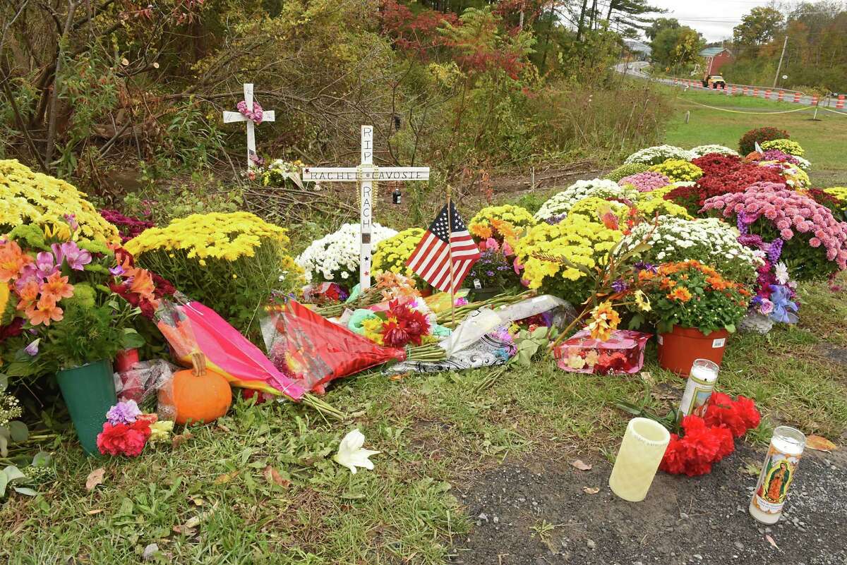A memorial for the Schoharie limo crash victims grows at the site of the accident next to the Apple Barrel Store on Monday, Oct. 15, 2018 in Schoharie, N.Y. (Lori Van Buren/Times Union)