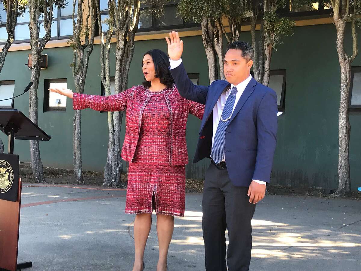 San Francisco Mayor London Breed with Faauuga Moliga, who she appointed to the school board on Monday, Oct. 15, 2018.