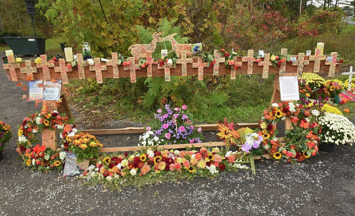 A memorial for the Schoharie limo crash victims grows at the site of the accident next to the Apple Barrel Store on Monday, Oct. 15, 2018 in Schoharie, N.Y. (Lori Van Buren/Times Union)