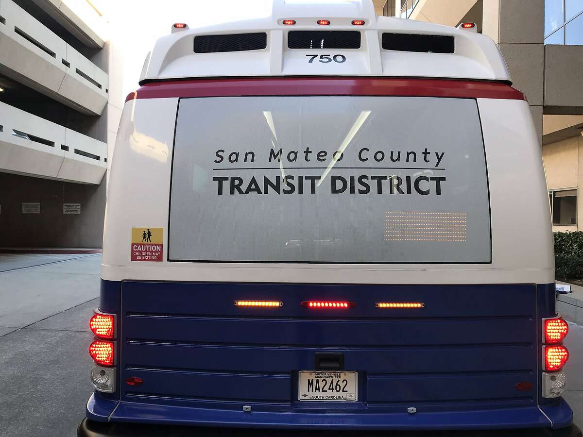 Rear view of a new SamTrans electric bus.