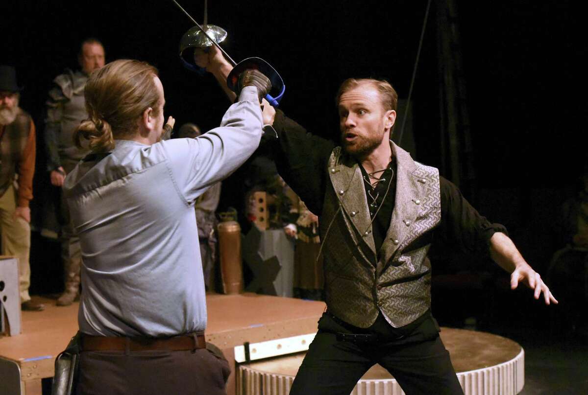 John Stillwaggon, right, played the title role in the Sheldon Vexler Theatre’s steampunk version of “Hamlet” in February. Jordan Heitkamp (left) played Laertes.