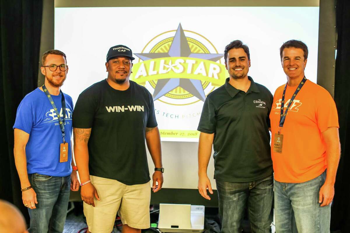 Sports technology companies pitched their business plans at The Cannon as part of the startup accelerator's new investor network programming. Pictured left to right are Aaron Knape, co-founder of sEATz, Mike Brown, founder of Win-Win, Lawson Gow, founder and CEO of The Cannon, and Marshall Law, co-founder of sEATz.