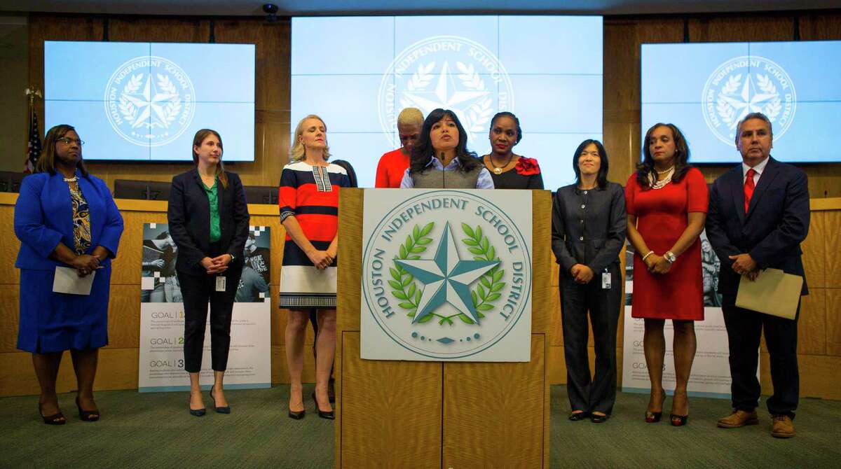 In this 2018 file photo, then-Houston ISD Trustee Diana Dávila addresses the media with her fellow trustees during a press conference at the Hattie Mae White Educational Support Center in Houston. Texas Education Commissioner Mike Morath notified HISD officials Wednesday that he intends to replace the district’s elected school board.