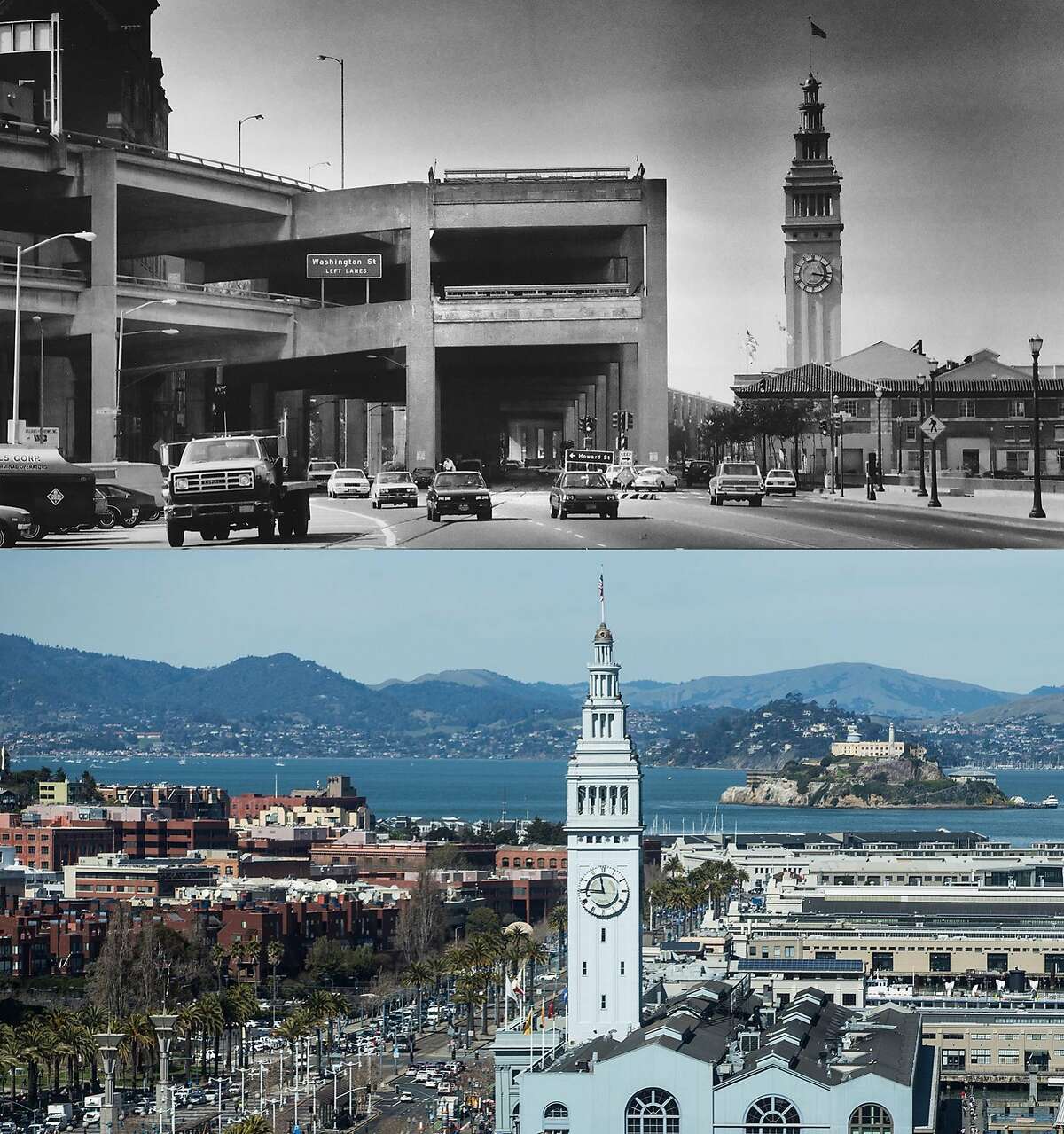 The Embarcadero Freeway, which was never finished and never connected the Golden Gate Bridge and the Bay Bridge, is seen on March 23, 1985. The Ferry Building photographed Tuesday, March 6, 2018 in San Francisco, Calif.
