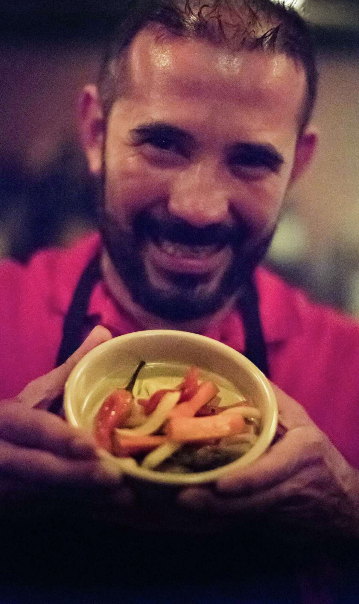 Alex Gutierrez, the chef of Fool’s Errand, shows a pickle plate he developed.