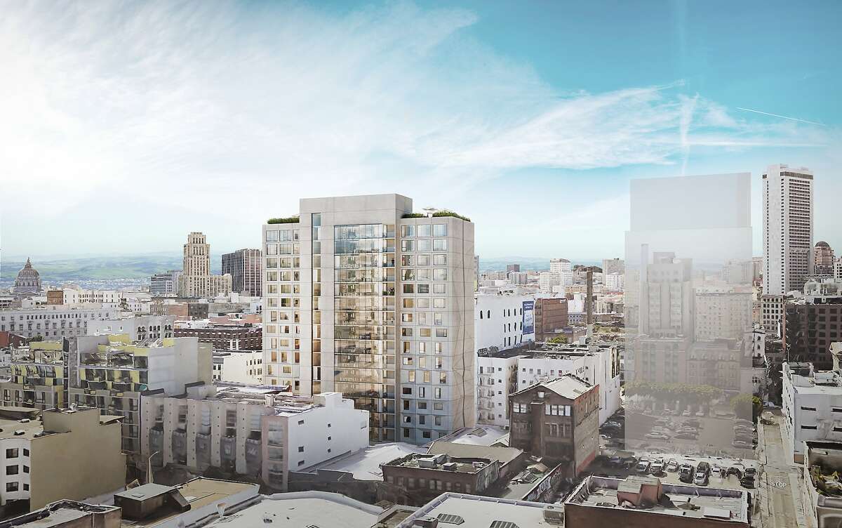 An artist’s rendering of a 270-unit building planned for Minna and Fifth Streets in the SoMa area of San Francisco. The developer, Starcity, will be selling the property.