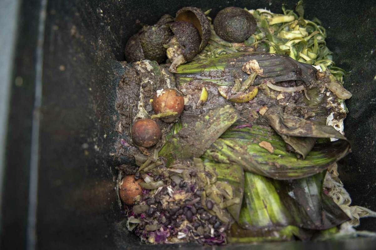 A look inside at the food scraps from a Compost Queens bin at La Botánica. The scraps are topped with a special batch of bokashi flakes that add micro-organisms to break them down and eliminate nasty scents.