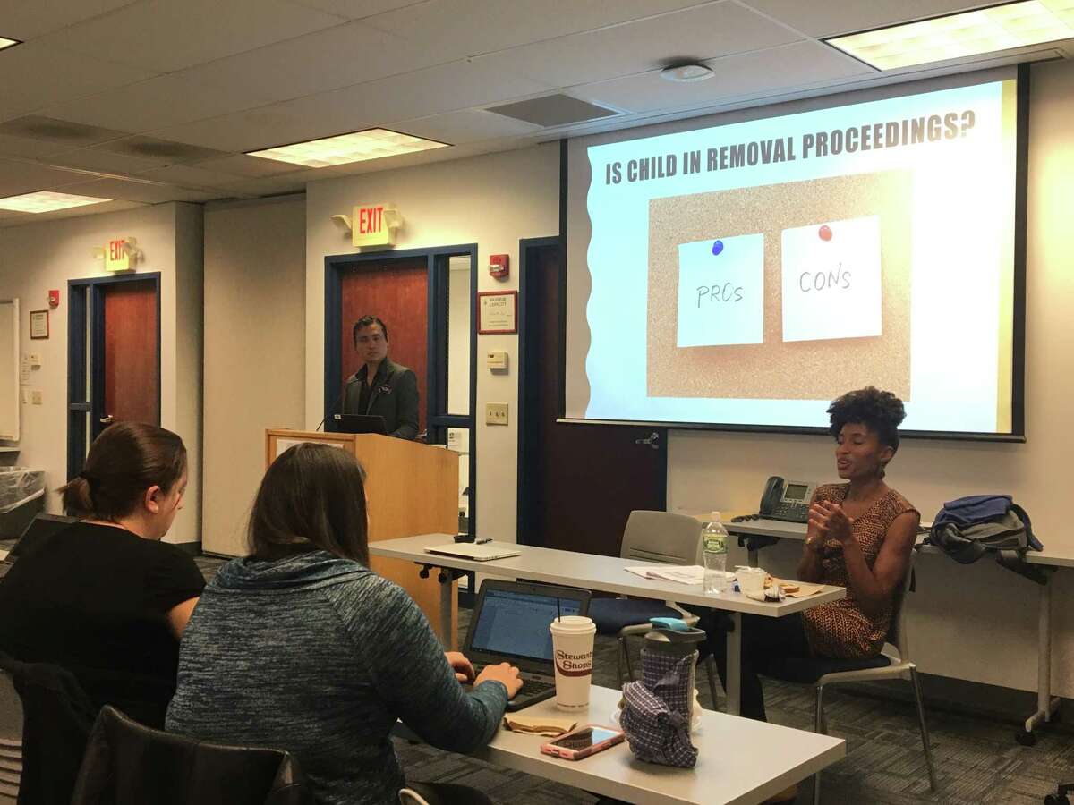 Kimberly Harbin and Jordan Manalastas, Equal Justice Works AmeriCorps Legal Fellows in upstate New York, give a training on legal options for undocumented children to Capital Region educators and professionals in Castleton, N.Y. on Oct. 1, 2018.