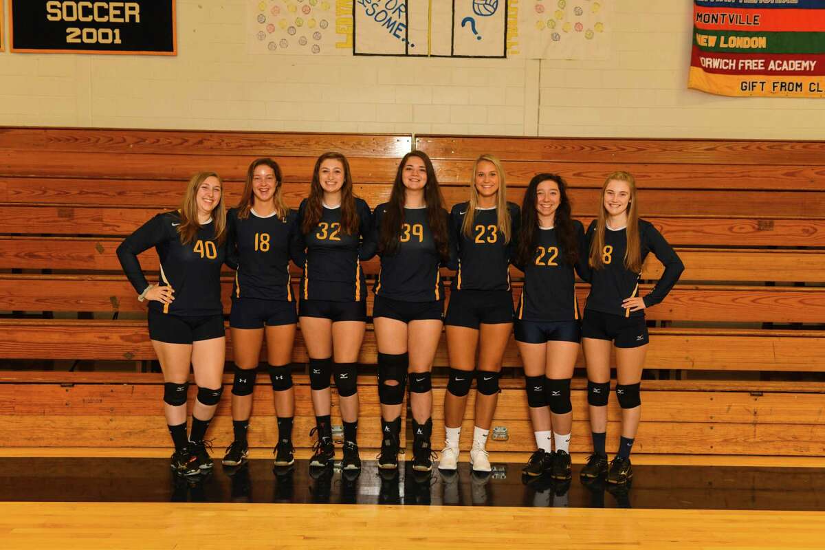 The senior members of the Ledyard volleyball team, which helped put on a Senior Night celebration for visiting Wheeler this past week. Wheeler has been playing all of its games on the road with its gym under construction.