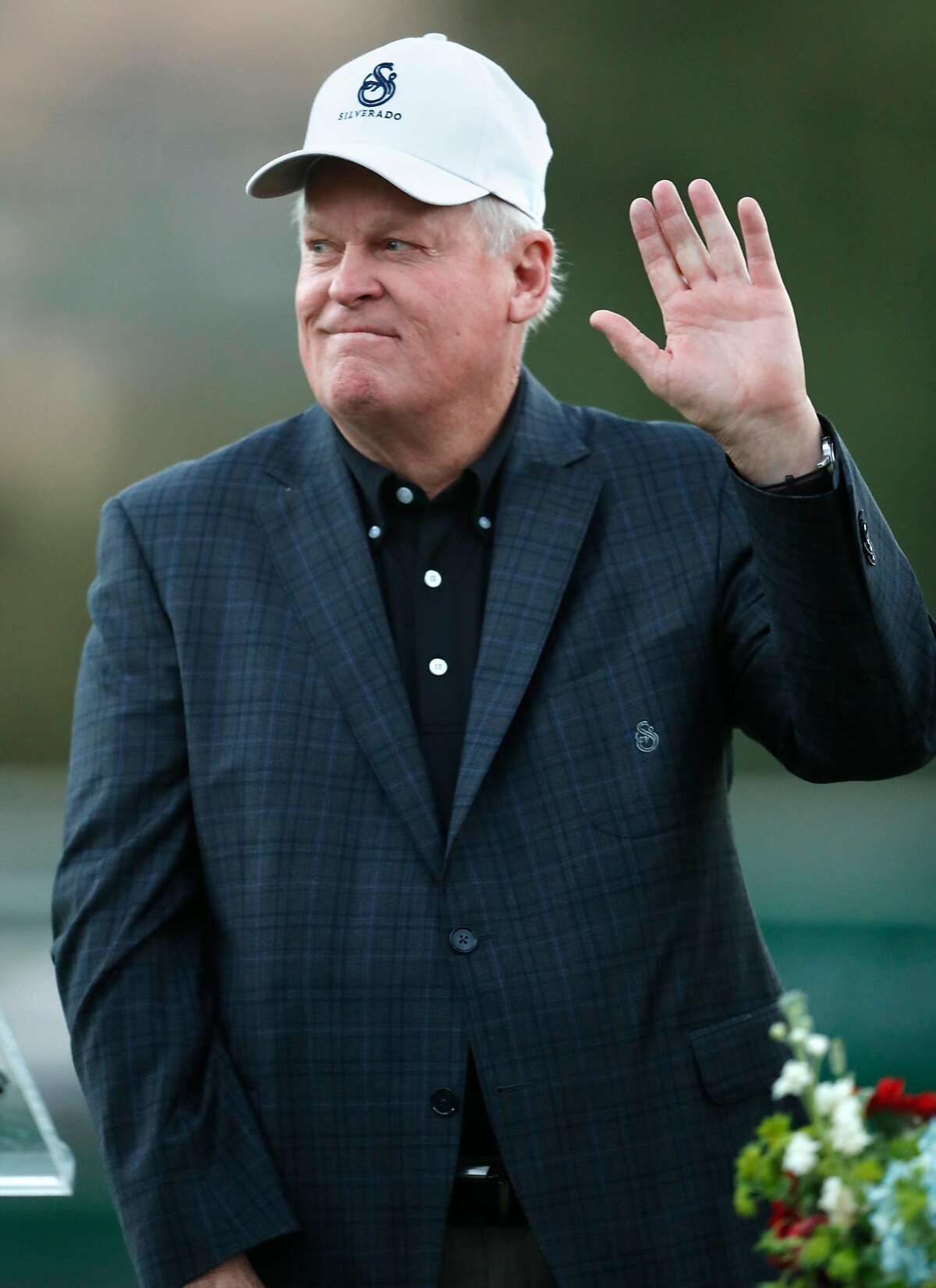 Johnny Miller waves during trophy ceremony during final round of Safeway Open at Silverado Resort in Napa, Calif. on Sunday, October 7, 2018.