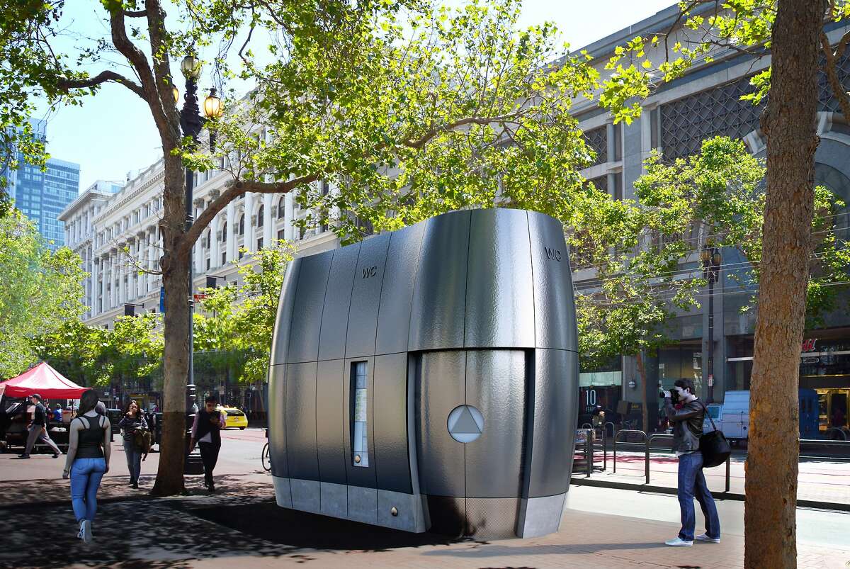An architect's rendering of the new public toilets that would be installed on the streets of San Francisco, replacing the current Parisian-flavored models.
