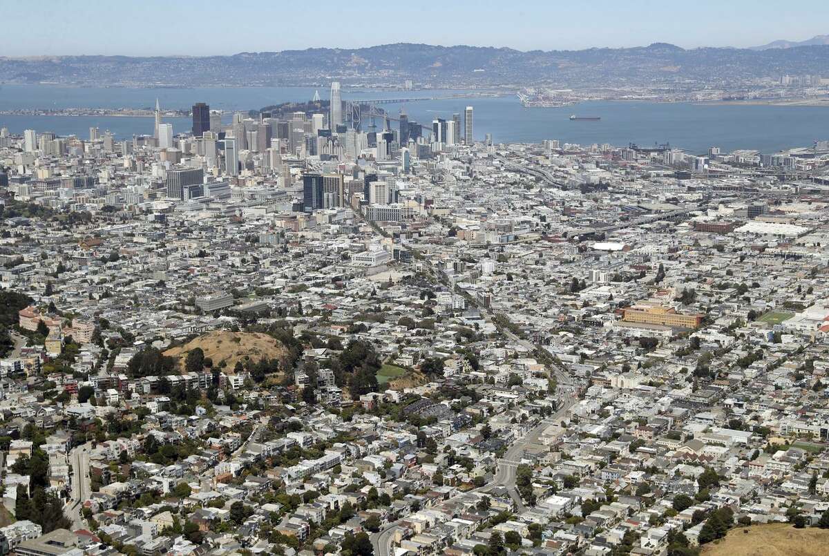A view from Sutro Tower to S.F. and the Bay Area beyond where housing costs are unaffordable for many.