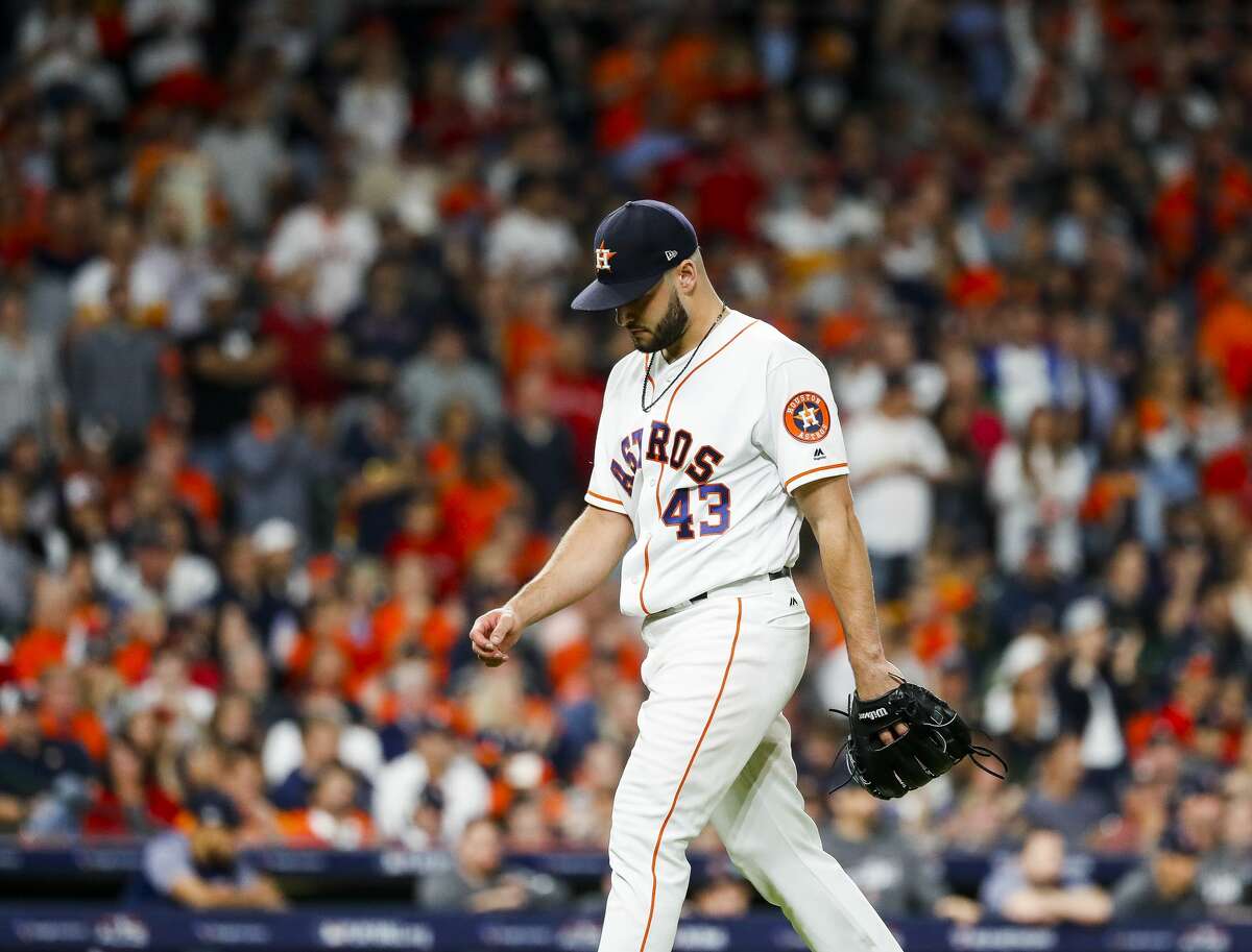 Houston Astros relief pitcher Lance McCullers Jr. (43) walks off the mound during the eighth inning of Game 4 of the American League Championship Series at Minute Maid Park on Wednesday, Oct. 17, 2018, in Houston.