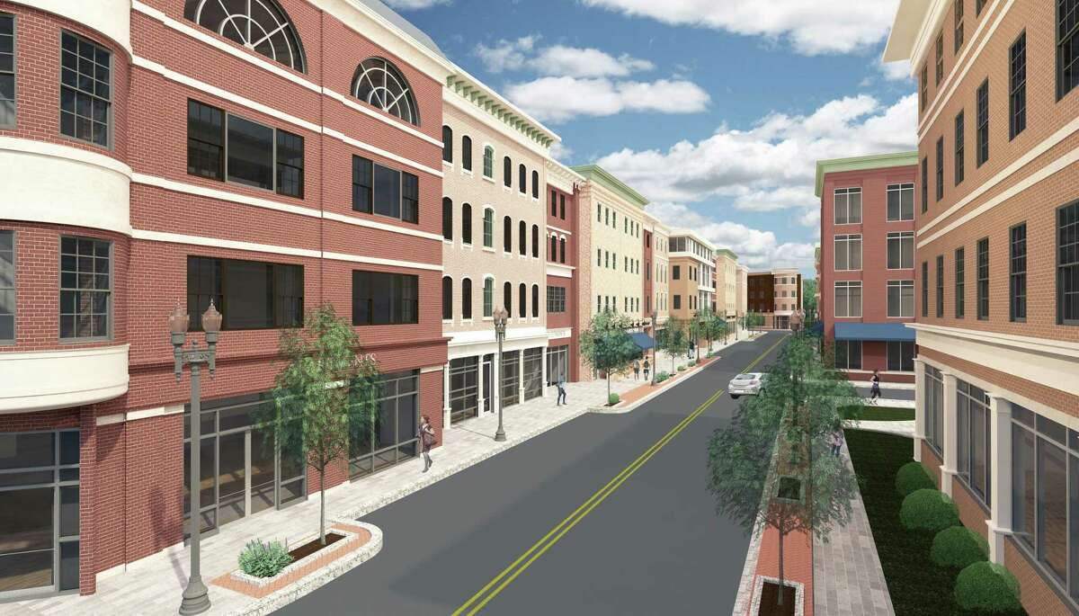A rendering shows plans for Factory Street in Derby, facing South East. The Planning and Zoning Commission cleared the way for the development in downtown Derby by turning Factory Street into a Planned Development District which will allow Derby Downtown, LLC to propose their $400 million project next month. The plan includes four story buildings totaling 400 apartments on the upper floors and retail on the first floor.