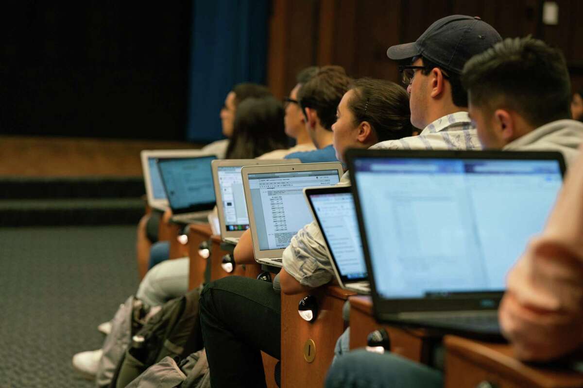 Students listen to a lecture on the foundations of data science at UC Berkeley’s Wheeler Hall Auditorium. The program has grown in popularity as employers increasingly seek to hire data scientists.