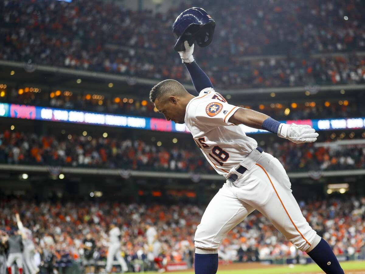 Houston Astros Tony Kemp (18) reacts after flying out to end Game 5 of the American League Championship Series at Minute Maid Park on Thursday, Oct. 18, 2018, in Houston.