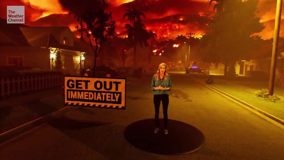 Stephanie Abrams in a wildfire mixed reality animation for The Weather Channel. Photo: The Weather Channel