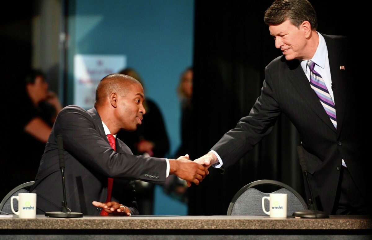 19th Congressional District candidate Antonio Delgado, left, and incumbent John Faso during their debate on Friday, Oct. 19, 2018. (Skip Dickstein/Times Union)