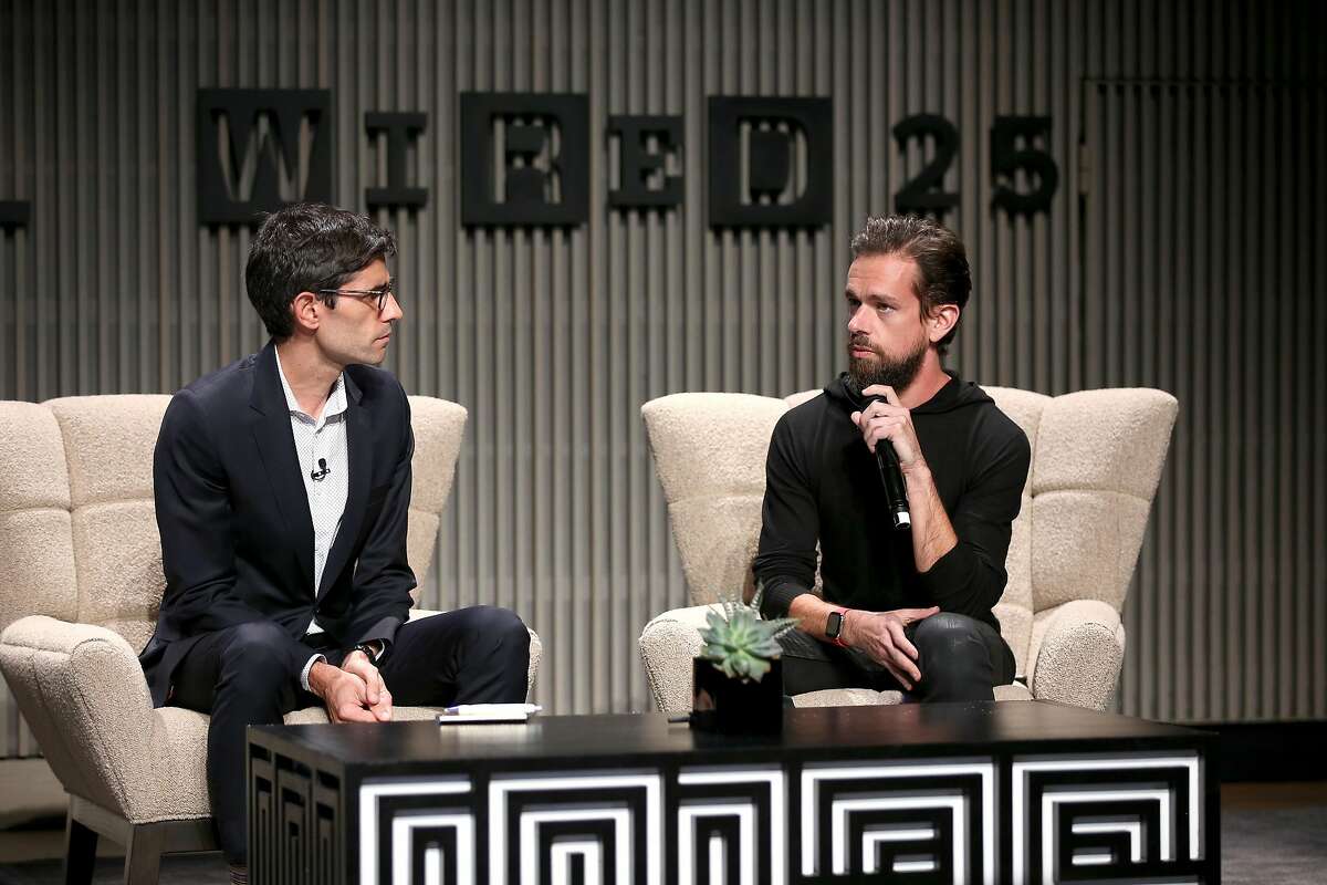 SAN FRANCISCO, CA - OCTOBER 15: Nicholas Thompson (L) and Jack Dorsey speak onstage at WIRED25 Summit: WIRED Celebrates 25th Anniversary With Tech Icons Of The Past & Future on October 15, 2018 in San Francisco, California. (Photo by Phillip Faraone/Getty Images for WIRED25 )