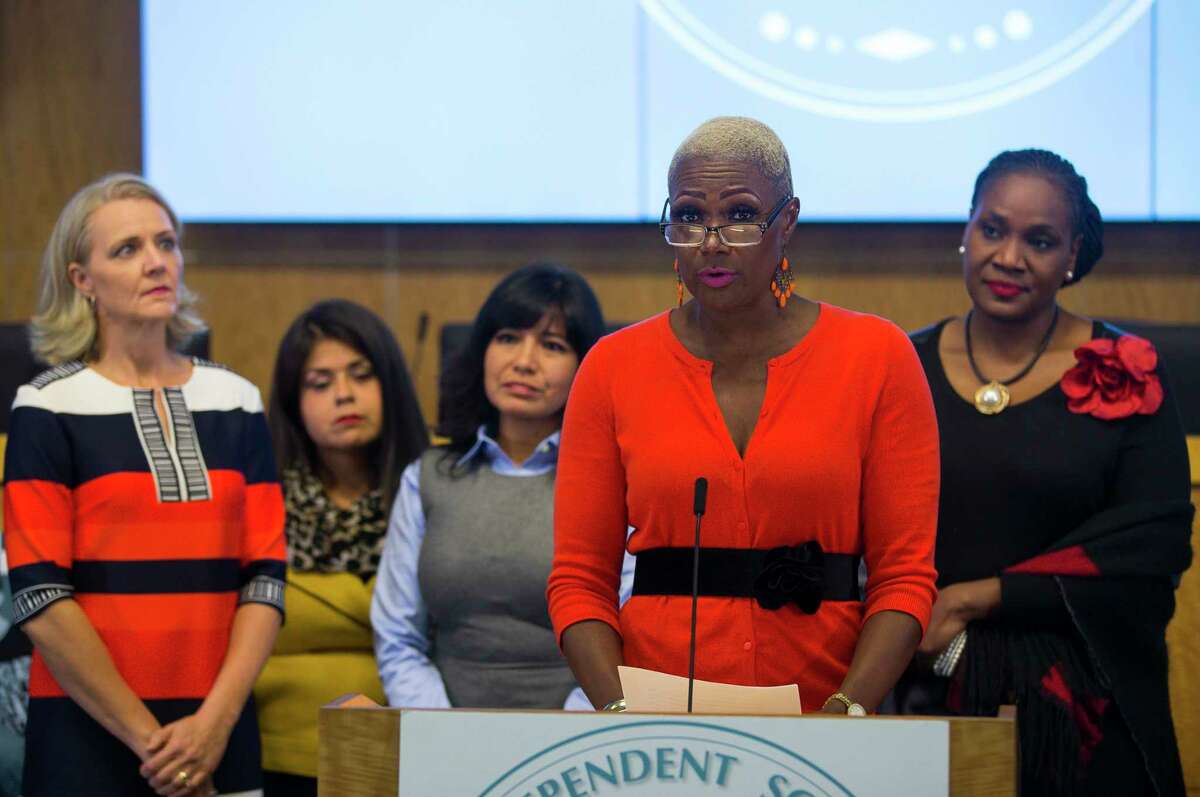 In this 2018 file photo, Houston ISD Trustee Jolanda Jones addresses the media with her fellow trustees during a news conference at the Hattie Mae White Educational Support Center. The HISD community will learn Thursday whether the district faces severe state sanctions tied to chronically low-performing schools.