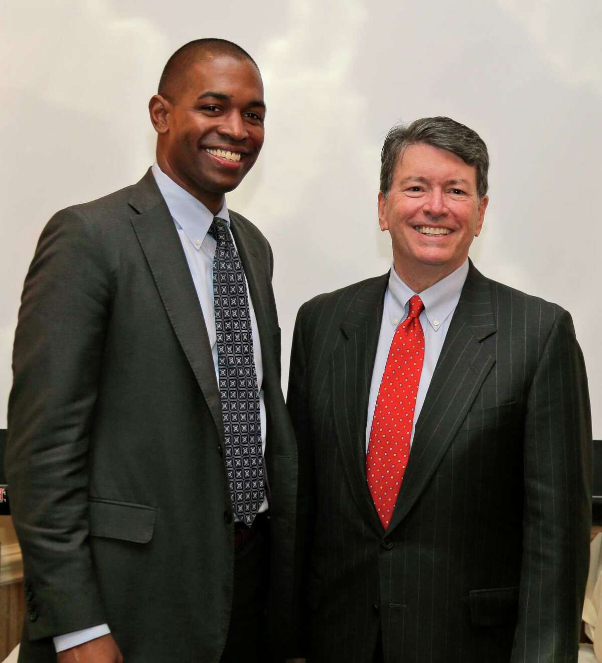 Republican U.S. Rep. John Faso, right, and his Democratic challenger, Antonio Delgado, pose for a picture after a candidate forum in Poughkeepsie, N.Y., Wednesday, Oct. 17, 2018. Hip-hop, health care and Brett Kavanaugh have emerged as issues in a too-close-to-call congressional race in New York?’s Hudson Valley that pits the freshman Republican congressman against a rapper-turned-corporate lawyer seeking his first political office. (AP Photo/Seth Wenig)