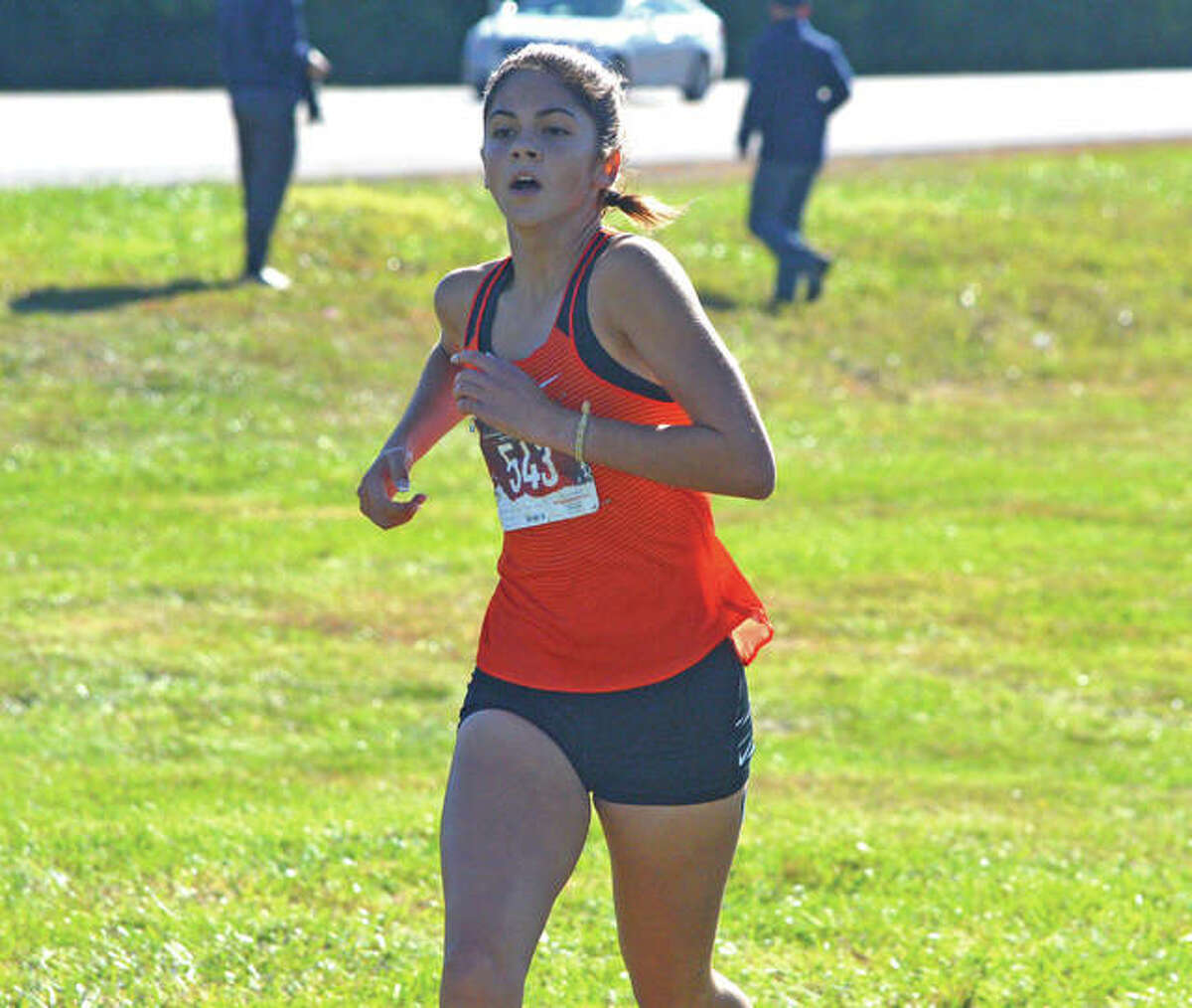 Edwardsville junior Abby Korak is on her way to a first-place finish in Saturday’s Class 3A Edwardsville Regional at SIUE. Korak is a two-time regional champion.