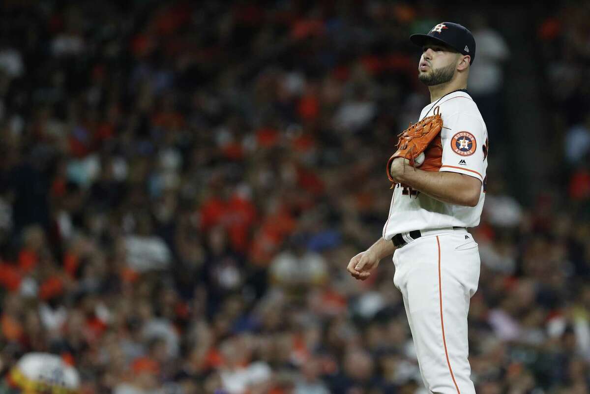 Houston Astros starting pitcher Lance McCullers Jr. (43) reacts after giving up a three-run home run to Oakland Athletics Chad Pinder during the fourth inning of an MLB game at Minute Maid Park, Wednesday, July 11, 2018, in Houston. ( Karen Warren / Houston Chronicle )