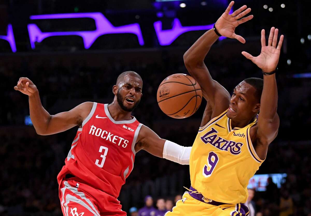 LOS ANGELES, CA - OCTOBER 20: Chris Paul #3 of the Houston Rockets reacts to a foul from Rajon Rondo #9 of the Los Angeles Lakers during the second quarter at Staples Center on October 20, 2018 in Los Angeles, California. (Photo by Harry How/Getty Images)
