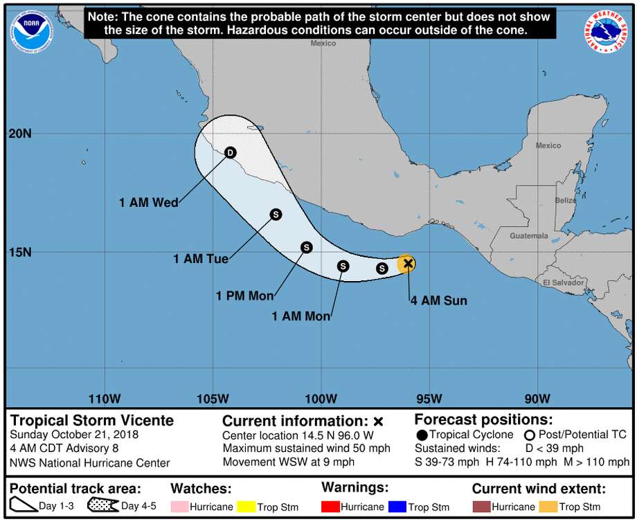 Forecasters expect Tropical Storm Vicente to make landfall as a depression early Wednesday, Oct. 24, 2018, in southwest Mexico. Photo: National Hurricane Center