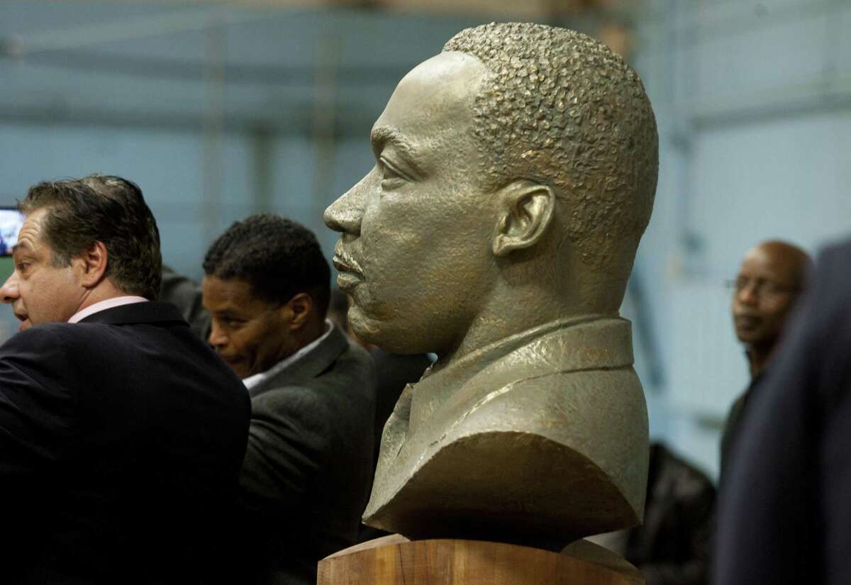 On the 50th anniversary of the assassination of Martin Luther King, Jr., a bust of him was unveiled during a ceremony at the Ansonia Armory in Ansonia, Conn., on Thursday Dec. 28, 2017. The bust was created by Ansonia resident Vasil Rakaj.