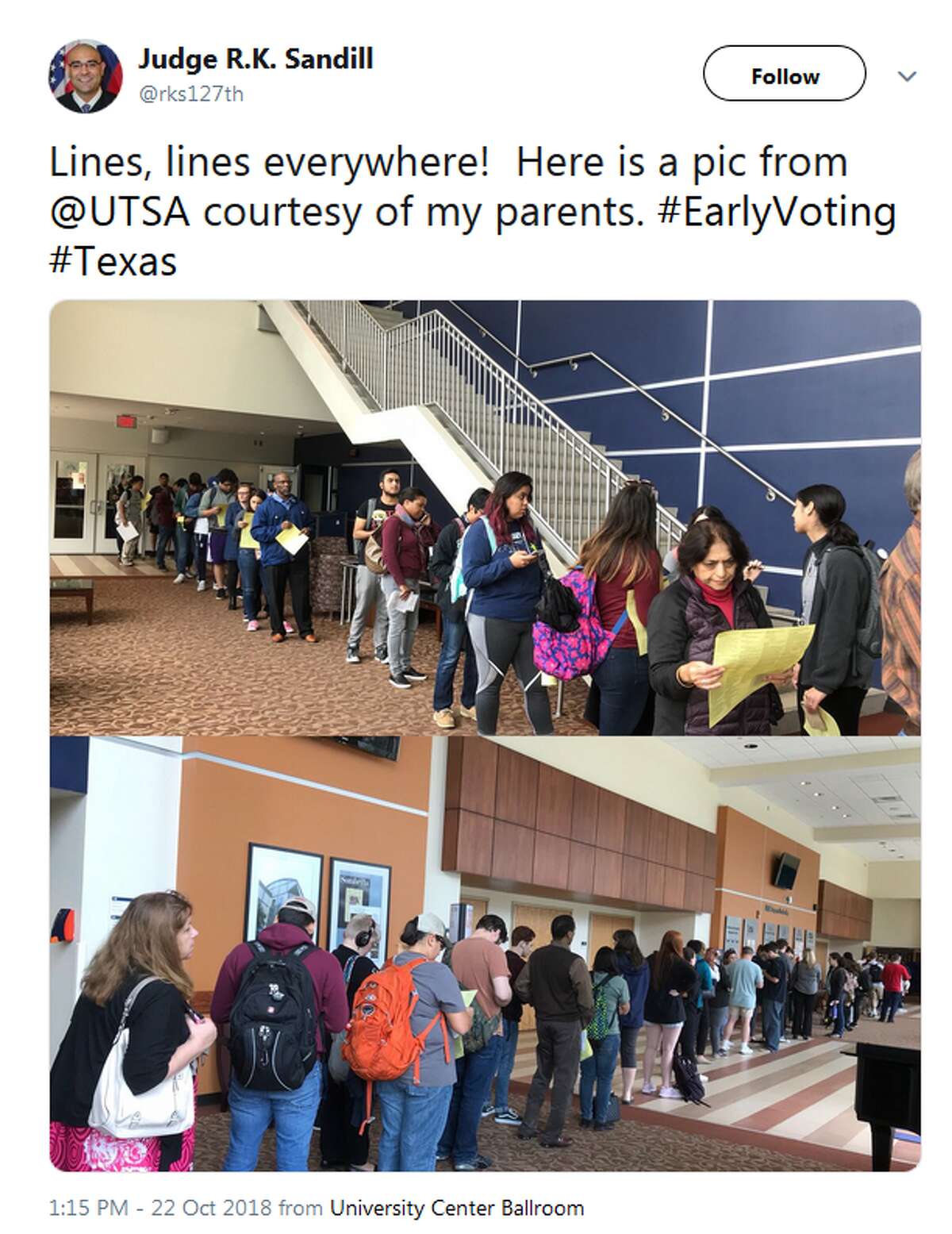 @rks127th: Lines, lines everywhere! Here is a pic from @UTSA courtesy of my parents. #EarlyVoting #Texas