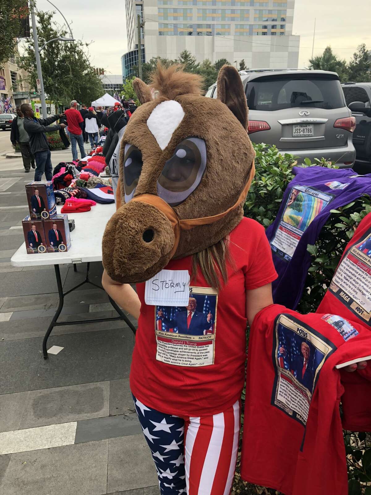 PHOTOS: Trump supporters' clothes aimed at Democrats  Thousands of Trump supporters lined up outside the Toyota Center on Monday wearing clothes designed to poke fun at Democrats.  >>> See more anti-liberal clothing during the rally in downtown Houston 