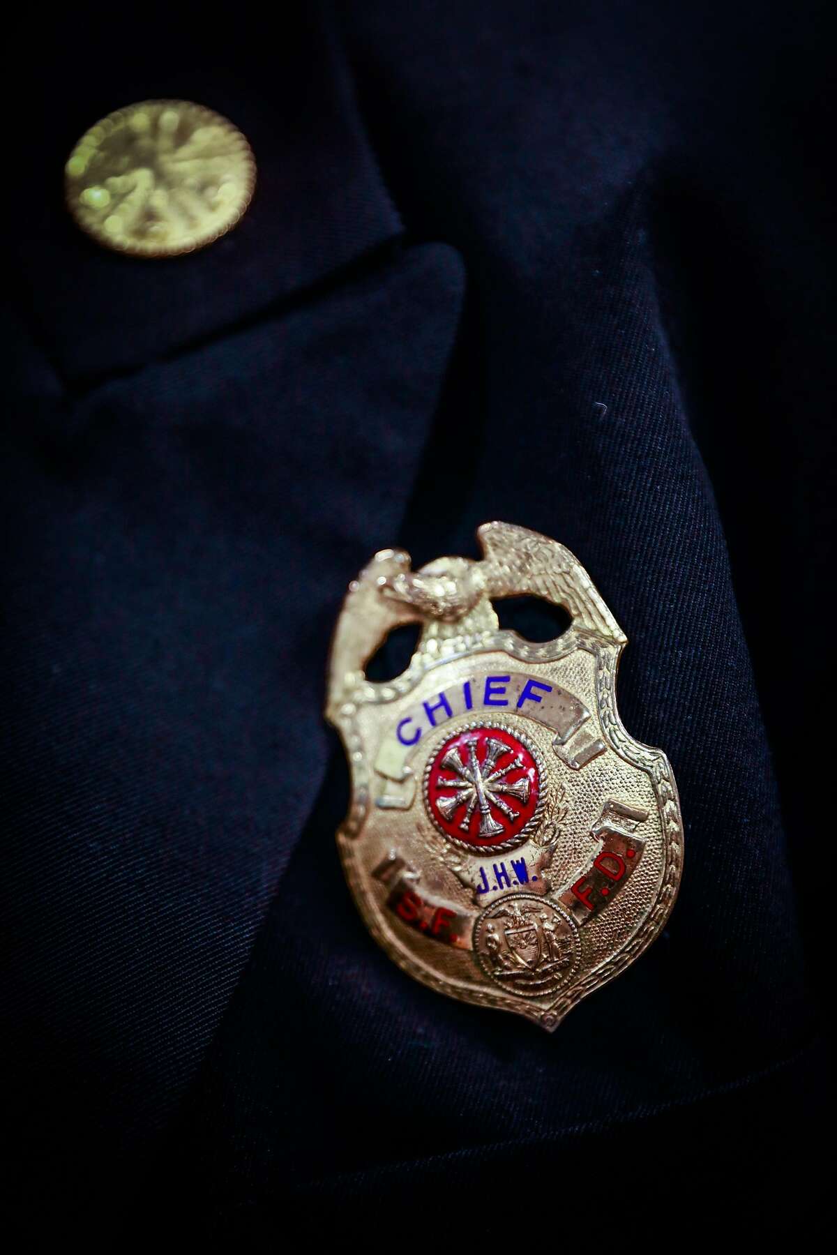 San Francisco Fire Chief Joanne Hayes-White's Chief badge is seen on her as she chats in her office in San Francisco, California, on Monday, Oct. 22, 2018.
