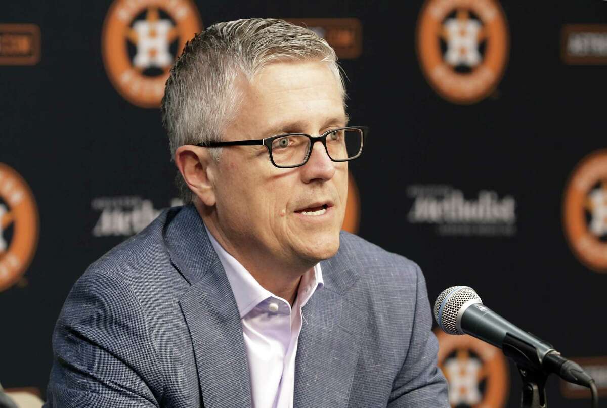 Houston Astros President of Baseball Operations and General Manager Jeff Luhnow speaks during a press conference with Manager A.J. Hinch at Minute Maid Park Monday, Oct. 22, 2018 in Houston, TX.