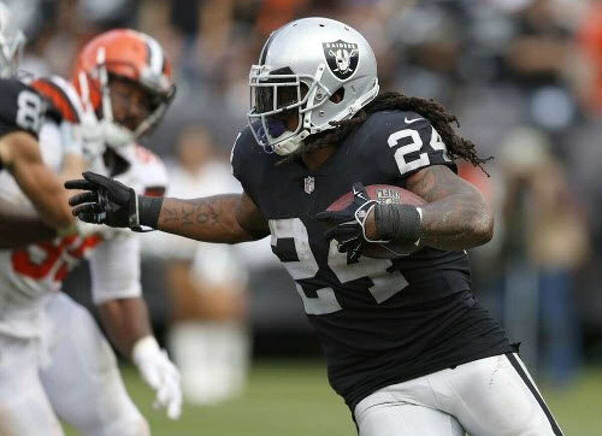 Oakland Raiders running back Marshawn Lynch (24) during the first half of  an NFL preseason football game against the Los Angeles Rams in Oakland,  Saturday, Aug. 19, 2017. (AP Photo/Rich Pedroncelli)