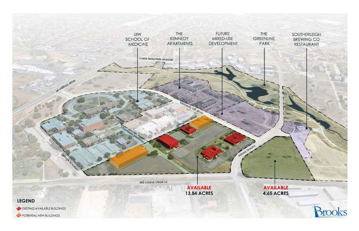 A rendering shows Okin BPS' potential footprint at the Brooks mixed-use development on San Antonio's South Side.