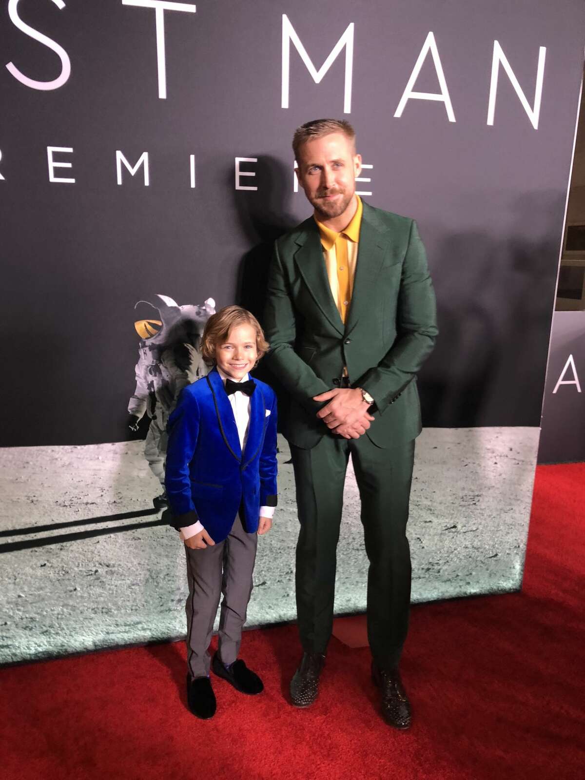 Houston native actor Gavin Warren poses with co-star Ryan Gosling for a private screening of "First Man."