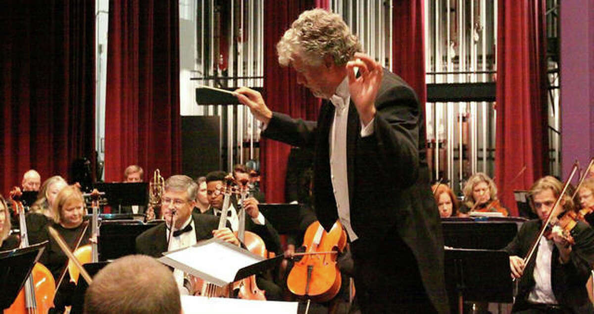 Maestro Shane Williams passionately conducting the Alton Symphony Orchestra.