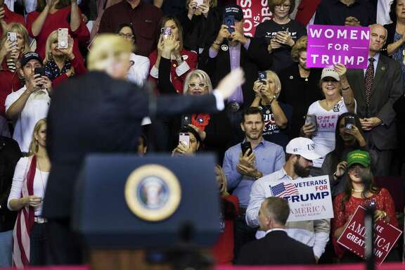 President Donald Trump finishes his speech at the Toyota Center, Monday, Oct. 22, 2018, in Houston. The president came to Houston to campaign for Republican Senator Ted Cruz, who is facing Democratic U.S. Rep. Beto O’Rourke in the November election.